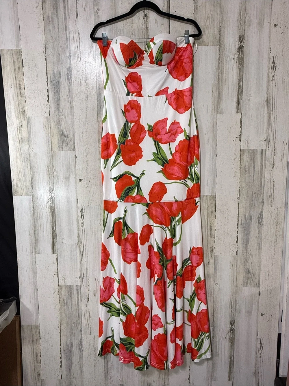Strapless Mermaid Style Dress with Red Floral Print and Fitted Bodice